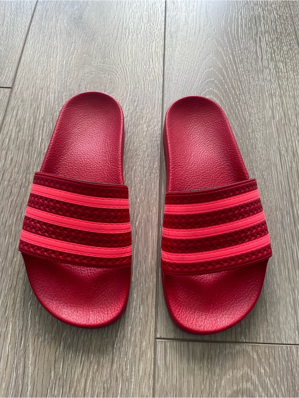 Adidas adilette slides Red with neon Pink Accent Stripes